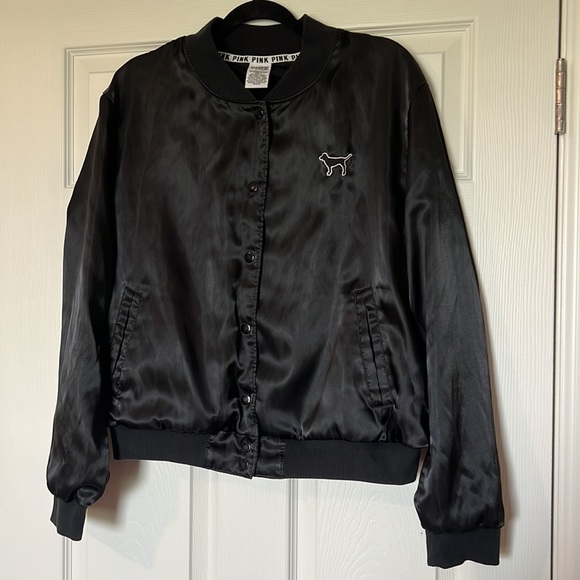 Victoria’s Secret PINK Satin Black Bomber Jacket Button Down Large - Picture 3 of 11